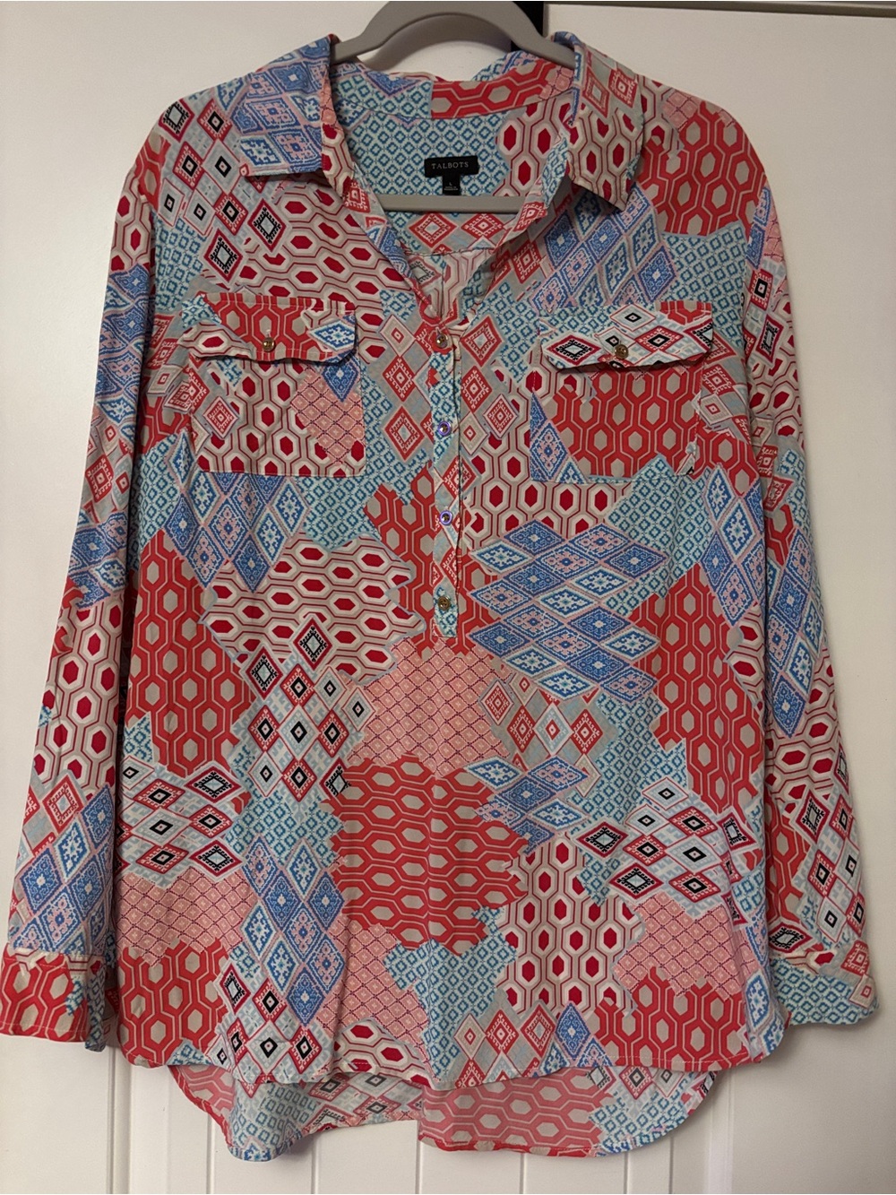Talbots Red, Blue & White Geometric Print Button-Front Shirt large